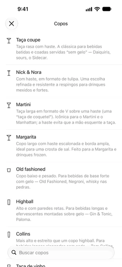 A lista de Copos com desenhos e uma breve explicação de cada copo