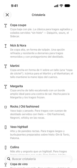 La lista de Cristalería con dibujos y una breve explicación de cada copa