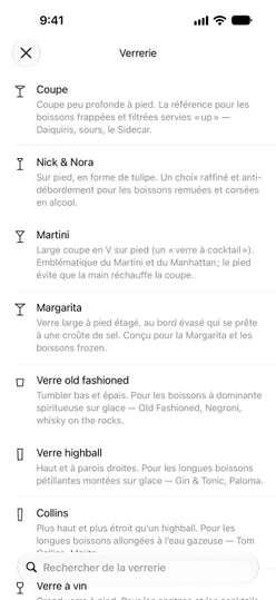 La liste Verrerie avec des dessins et une courte explication de chaque verre
