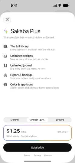 The Sakaba Plus screen with Annual selected, the price card, Subscribe and Terms · Privacy · Restore
