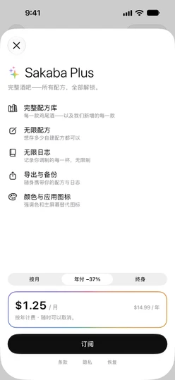 Sakaba Plus 页面:已选中年付,下方是价格卡片、订阅按钮,以及条款 · 隐私 · 恢复