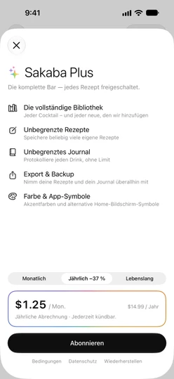 Der Bildschirm von Sakaba Plus mit ausgewähltem Tarif „Jährlich“, der Preiskarte, „Abonnieren“ und „Bedingungen · Datenschutz · Wiederherstellen“