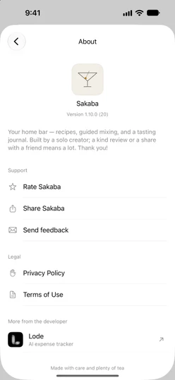 Settings → About Sakaba with Rate Sakaba, Share Sakaba and Send feedback