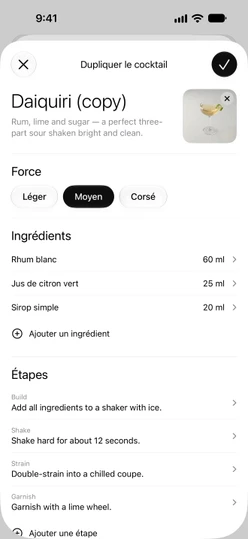 L’éditeur de recette rempli depuis Dupliquer et modifier : nom, description, photo, Force, ingrédients et étapes