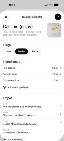 O editor de receitas preenchido a partir de Duplicar e editar: nome, descrição, foto, Força, ingredientes e etapas