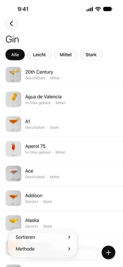 Die Gin-Liste mit der Stärkeleiste oben und geöffnetem Filtermenü