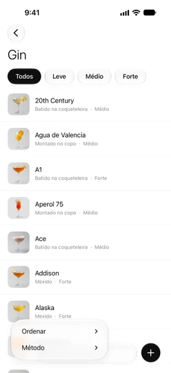A lista de Gin com a barra de força no topo e o menu de filtros aberto