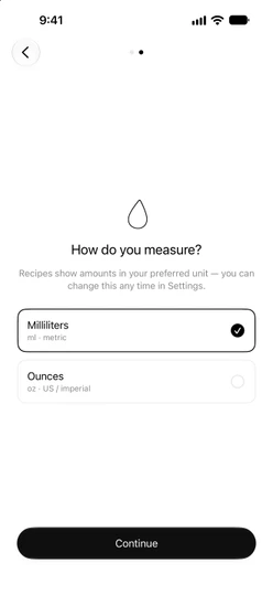 The onboarding screen “How do you measure?” with Milliliters selected