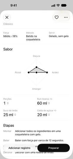O gráfico de Sabor na receita do Daiquiri, com Porções e as quantidades dos ingredientes abaixo