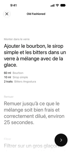 La préparation guidée d’un Old Fashioned : l’étape Monter dans le verre avec ses trois quantités