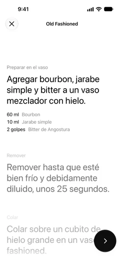 La preparación guiada de un Old Fashioned: el paso Preparar en el vaso con sus tres cantidades