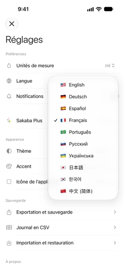 Les Réglages avec le menu Langue ouvert, listant les 10 langues