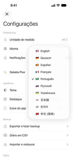 As Configurações com o menu Idioma aberto, listando os 10 idiomas