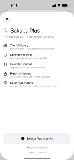 The Sakaba Plus screen for a subscriber: Sakaba Plus is active, with Manage subscription below