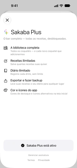 A tela do Sakaba Plus para um assinante: Sakaba Plus está ativo, com Gerenciar assinatura abaixo