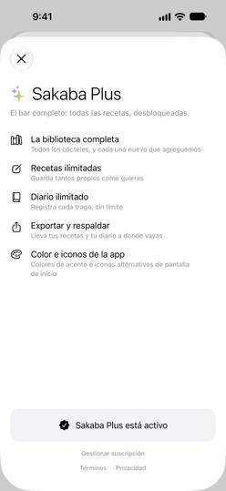 La pantalla de Sakaba Plus de un suscriptor: Sakaba Plus está activo, con Gestionar suscripción debajo