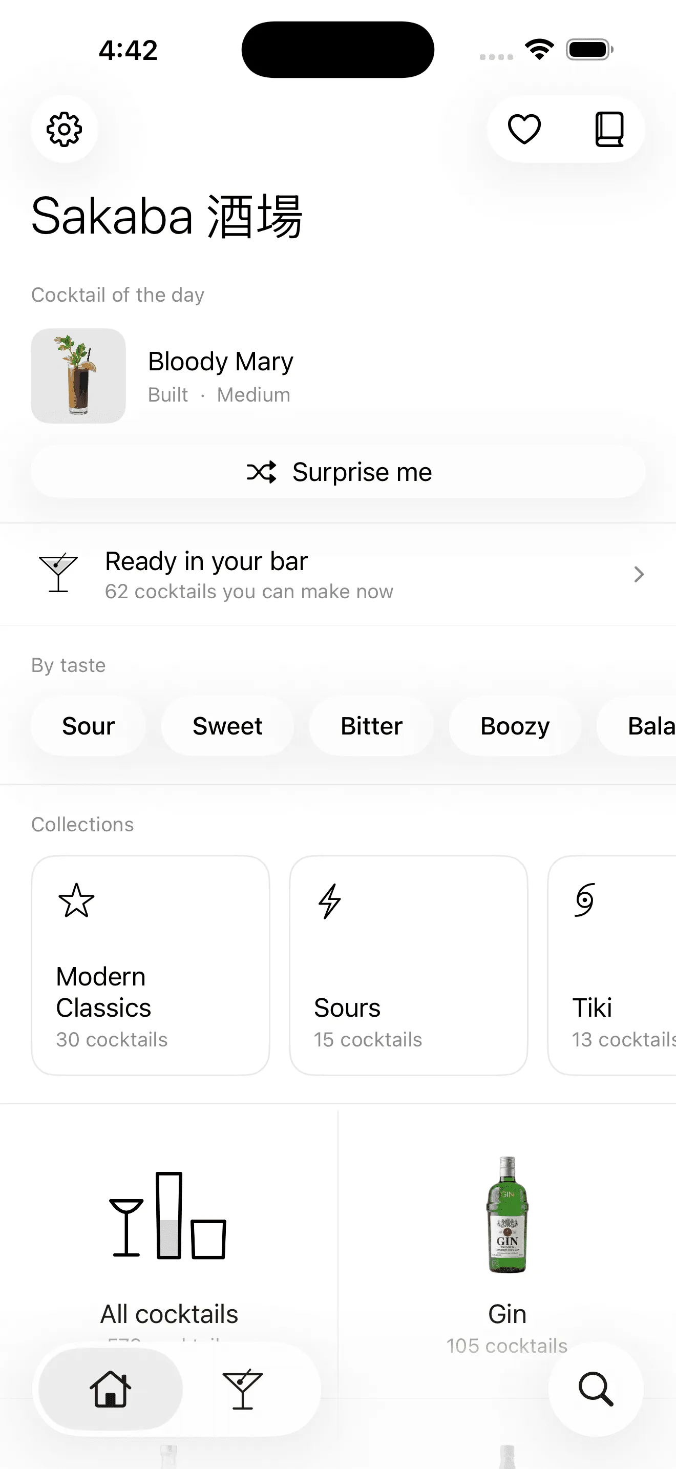 Sakaba’s home screen on an iPhone in a hand: the cocktail of the day, what your bar can make, tastes and collections
