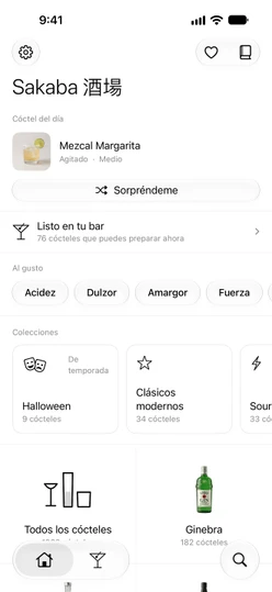 La pestaña Inicio: el cóctel del día, Sorpréndeme y la fila Listo en tu bar