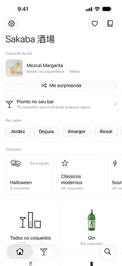 A aba Início: o coquetel do dia, Me surpreenda e a linha Pronto no seu bar