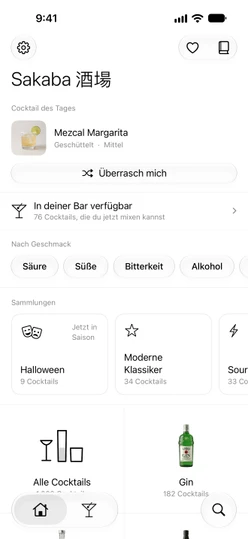 Der Start-Tab: der Cocktail des Tages, „Überrasch mich“ und die Zeile „In deiner Bar verfügbar“