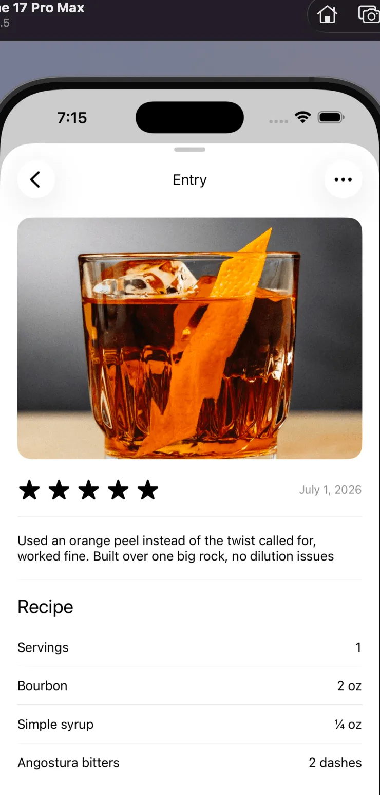 A tasting journal entry with five stars, a note and the recipe as poured