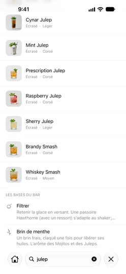 L’onglet Rechercher avec « julep » saisi : les cocktails d’abord, puis les termes des bases du bar