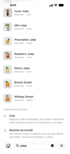 A aba Buscar com “julep” digitado: primeiro os coquetéis, depois os termos dos Fundamentos do bar