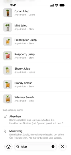 Der Such-Tab mit „julep“: zuerst Cocktails, dann Begriffe aus den Bar-Grundlagen