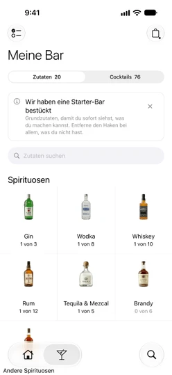 Meine Bar → Zutaten mit dem Hinweis zur Starter-Bar und den Karten für Spirituosen