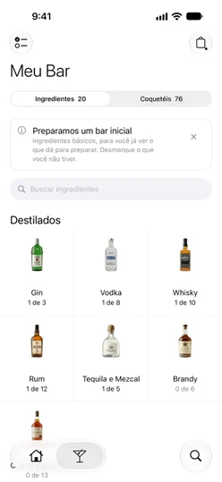 Meu Bar → Ingredientes com a nota do bar inicial e os cartões de Destilados