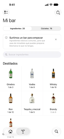 Mi bar → Ingredientes con la nota del bar inicial y las tarjetas de Destilados