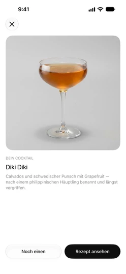 „Zum Mixen schütteln“ nach dem Aufdecken, mit „Noch einen“ und „Rezept ansehen“