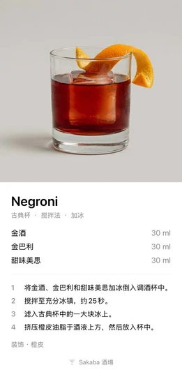 分享 Negroni(内格罗尼)时 Sakaba 生成的配方卡片
