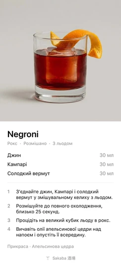 Картка рецепта, яку Sakaba створює, коли ви ділитеся Negroni (Негроні)