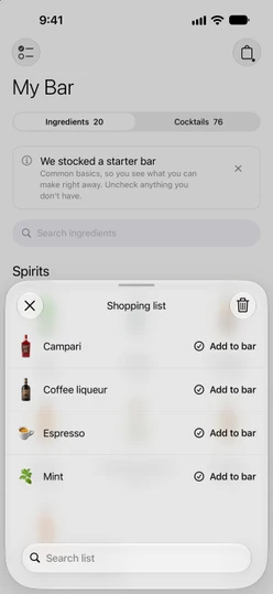 The Shopping list with four items, each with an Add to bar button