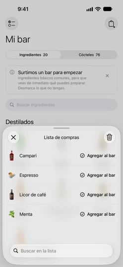 La Lista de compras con cuatro elementos, cada uno con un botón Agregar al bar