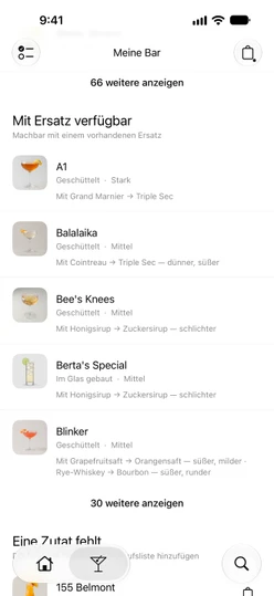 Meine Bar → Cocktails, bis „Mit Ersatz verfügbar“ gescrollt, jede Zeile mit ihrer Zeile „Mit … → …“