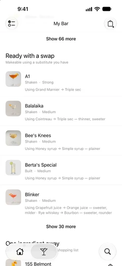 My Bar → Cocktails scrolled to Ready with a swap, each row with its Using … → … line