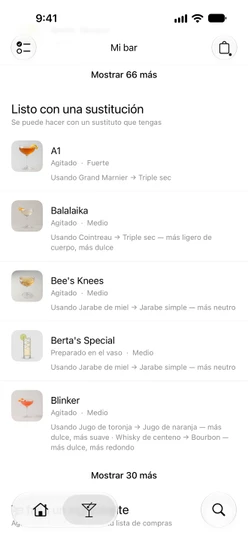 Mi bar → Cócteles desplazado hasta Listo con una sustitución, cada fila con su línea Usando … → …