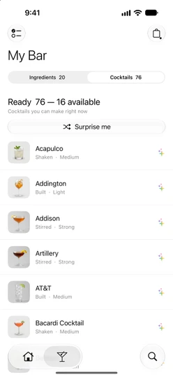 My Bar → Cocktails on the free tier: Ready 76 — 16 available, Surprise me and rows marked ✨