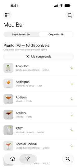 Meu Bar → Coquetéis no plano gratuito: Pronto 76 — 16 disponíveis, Me surpreenda e linhas marcadas com ✨