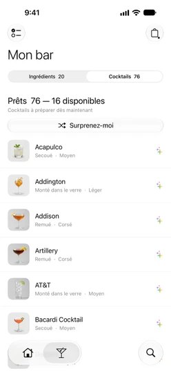 Mon bar → Cocktails avec la version gratuite : Prêts 76 — 16 disponibles, Surprenez-moi et des lignes marquées ✨
